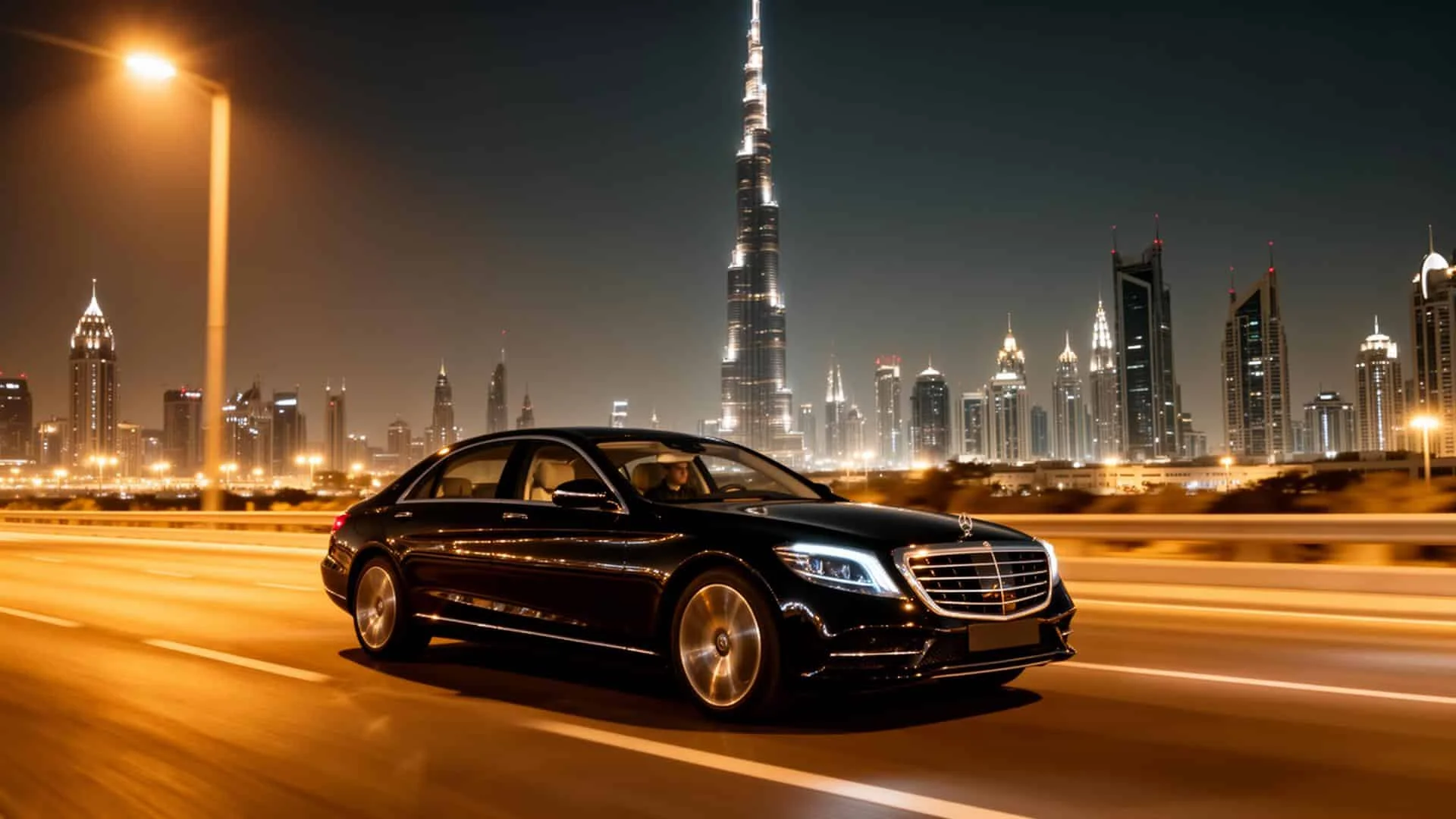 Black sedan travelling through Dubai at night beneath the Burj Khalifa