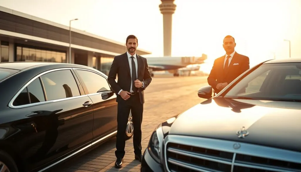Professional chauffeurs in Dubai, dressed in elegant black suits and crisp white shirts with ties, confidently standing beside luxury sedans at a bustling airport terminal. The scene is framed with smoothly paved airport driveways and modern terminal architecture in the background. Soft golden hour lighting casts a warm glow, enhancing the polished surfaces of the cars and creating a welcoming atmosphere. The chauffeurs exhibit a poised demeanor, showcasing professionalism and reliability. Capture the image from a slight low angle, emphasizing the sophistication of the setting and the chauffeurs. The mood is one of seamless travel and efficiency, inviting viewers to envision a hassle-free journey in Dubai. Professional chauffeurs in Dubai, dressed in elegant black suits and crisp white shirts with ties, confidently standing beside luxury sedans at a bustling airport terminal. The scene is framed with smoothly paved airport driveways and modern terminal architecture in the background. Soft golden hour lighting casts a warm glow, enhancing the polished surfaces of the cars and creating a welcoming atmosphere. The chauffeurs exhibit a poised demeanor, showcasing professionalism and reliability. Capture the image from a slight low angle, emphasizing the sophistication of the setting and the chauffeurs. The mood is one of seamless travel and efficiency, inviting viewers to envision a hassle-free journey in Dubai.