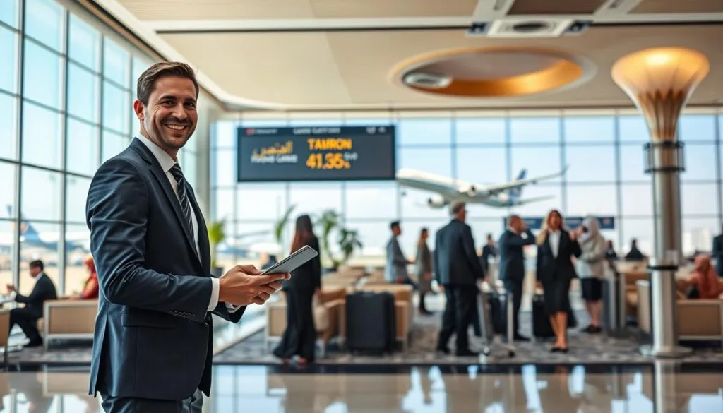 A professional airport concierge service at work, set in a bustling UAE airport terminal. In the foreground, a well-dressed concierge in a smart business suit assists a traveler with a warm smile, holding a tablet and providing information. The middle ground showcases a modern airport lounge area with comfortable seating, travelers interacting with staff, and elegant decorations that reflect UAE culture. The background features large panoramic windows showing planes taking off under a bright, sunny sky, with soft, natural light illuminating the scene. The atmosphere is welcoming and efficient, capturing the essence of seamless travel and exceptional service. Use a wide-angle lens to emphasize the spaciousness and liveliness of the airport environment.