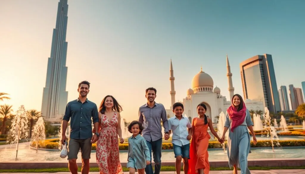 A vibrant family scene set in Dubai and Abu Dhabi, showcasing iconic landmarks and attractions. In the foreground, a diverse family of four—parents and two children—are joyfully exploring the area, dressed in modest casual clothing. The middle ground features the stunning Burj Khalifa on one side and the majestic Sheikh Zayed Grand Mosque on the other, both highlighted against a blue sky. Lush greenery and playful fountains surround them, creating a welcoming atmosphere. In the background, the skyline of Dubai contrasts against the warm glow of the sunset, casting a golden hue over the scene. The lighting is soft yet dynamic, evoking a sense of adventure and familial love, captured from a slightly elevated angle to showcase the vibrancy of this family-friendly destination. A vibrant family scene set in Dubai and Abu Dhabi, showcasing iconic landmarks and attractions. In the foreground, a diverse family of four—parents and two children—are joyfully exploring the area, dressed in modest casual clothing. The middle ground features the stunning Burj Khalifa on one side and the majestic Sheikh Zayed Grand Mosque on the other, both highlighted against a blue sky. Lush greenery and playful fountains surround them, creating a welcoming atmosphere. In the background, the skyline of Dubai contrasts against the warm glow of the sunset, casting a golden hue over the scene. The lighting is soft yet dynamic, evoking a sense of adventure and familial love, captured from a slightly elevated angle to showcase the vibrancy of this family-friendly destination.