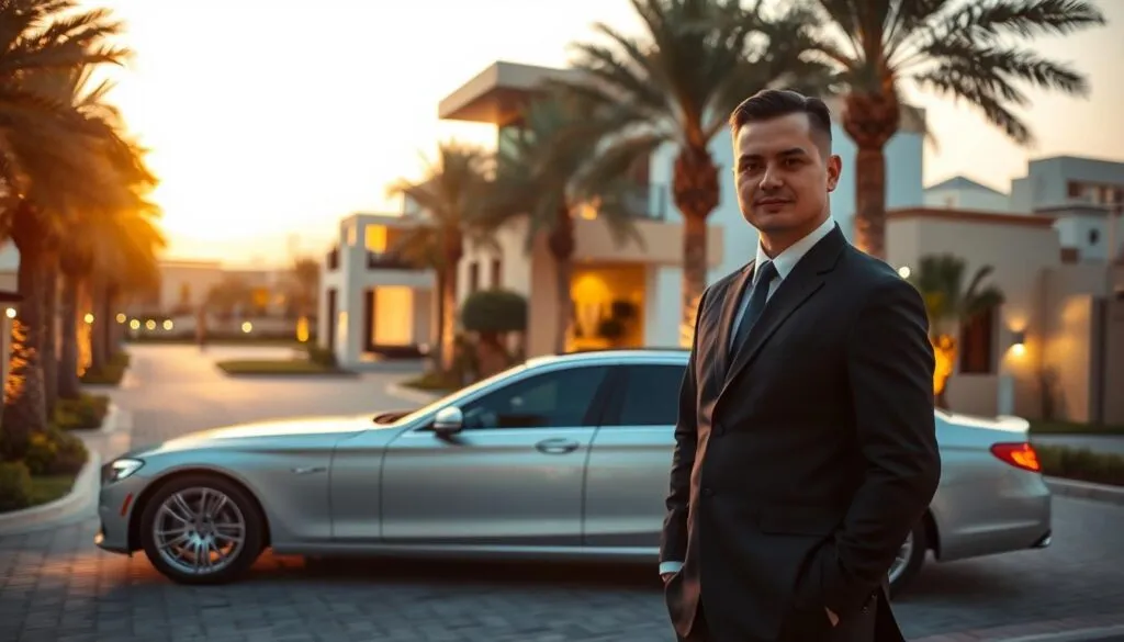 A luxurious chauffeur service setting in Dubai Hills Estate, showcasing an elegant sedan parked in a driveway lined with palm trees and modern villas. In the foreground, a professionally dressed chauffeur stands beside the car, exuding a sense of professionalism and safety, wearing a crisp uniform. The middle ground features a pristine villa with sleek architecture, surrounded by manicured landscaping and ambient lighting that suggests a warm sunset glow. In the background, the hazy outline of the Dubai skyline can be seen under a vibrant sky, creating a refined atmosphere. The scene is bathed in soft, warm lighting to evoke a feeling of comfort and security, captured with a high-quality lens focused on the chauffeur in the foreground, creating depth and a vivid portrayal of reliable driver services in a luxurious location. A luxurious chauffeur service setting in Dubai Hills Estate, showcasing an elegant sedan parked in a driveway lined with palm trees and modern villas. In the foreground, a professionally dressed chauffeur stands beside the car, exuding a sense of professionalism and safety, wearing a crisp uniform. The middle ground features a pristine villa with sleek architecture, surrounded by manicured landscaping and ambient lighting that suggests a warm sunset glow. In the background, the hazy outline of the Dubai skyline can be seen under a vibrant sky, creating a refined atmosphere. The scene is bathed in soft, warm lighting to evoke a feeling of comfort and security, captured with a high-quality lens focused on the chauffeur in the foreground, creating depth and a vivid portrayal of reliable driver services in a luxurious location.
