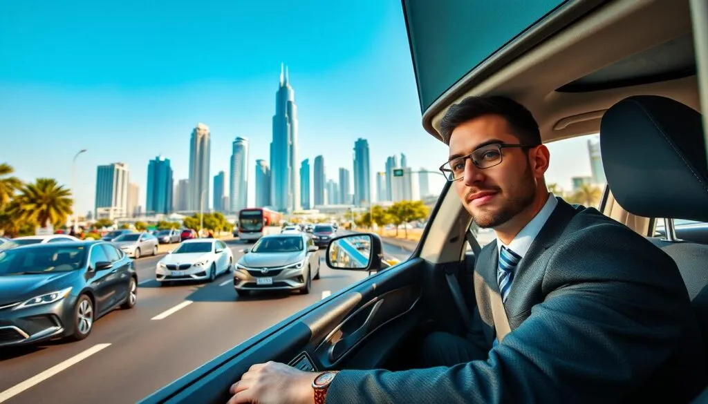 A serene urban scene illustrating the importance of safe transportation in Dubai. In the foreground, a professional driver in smart business attire, confidently seated behind the wheel of a luxury vehicle, exudes a sense of safety and reliability. In the middle ground, a busy road showcases various modern cars, all adhering to traffic rules, with visible pedestrians safely using crosswalks. The background features iconic Dubai skyscrapers under clear blue skies, symbolizing progress and modernity. The lighting is bright and natural, casting soft shadows that enhance the scene's welcoming atmosphere. Capture the image from a slightly elevated angle to provide a comprehensive view of the dynamic yet orderly city life, evoking a feeling of security and trust in transportation. A serene urban scene illustrating the importance of safe transportation in Dubai. In the foreground, a professional driver in smart business attire, confidently seated behind the wheel of a luxury vehicle, exudes a sense of safety and reliability. In the middle ground, a busy road showcases various modern cars, all adhering to traffic rules, with visible pedestrians safely using crosswalks. The background features iconic Dubai skyscrapers under clear blue skies, symbolizing progress and modernity. The lighting is bright and natural, casting soft shadows that enhance the scene's welcoming atmosphere. Capture the image from a slightly elevated angle to provide a comprehensive view of the dynamic yet orderly city life, evoking a feeling of security and trust in transportation.