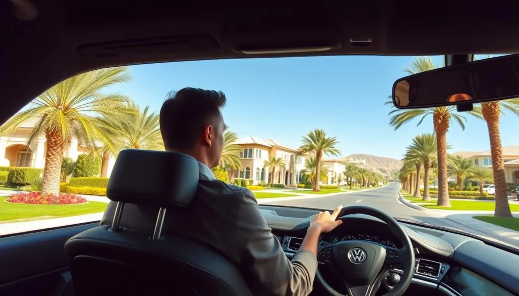 A serene and upscale residential neighborhood in Emirates Hills, showcasing luxury villas and manicured landscapes. In the foreground, a well-groomed street with a confident, professional driver in modest casual attire, seated in a luxury vehicle, demonstrating proper driving posture and attention to the road. The middle ground features lush green trees and palm-lined sidewalks, accentuated by sunlight filtering through the leaves, creating a warm and welcoming atmosphere. In the background, elegant homes dot the landscape against a clear blue sky, integrating seamlessly into the tranquil environment. The scene conveys a feeling of safety and sophistication, with soft natural lighting capturing the essence of secure driving in this prestigious area.