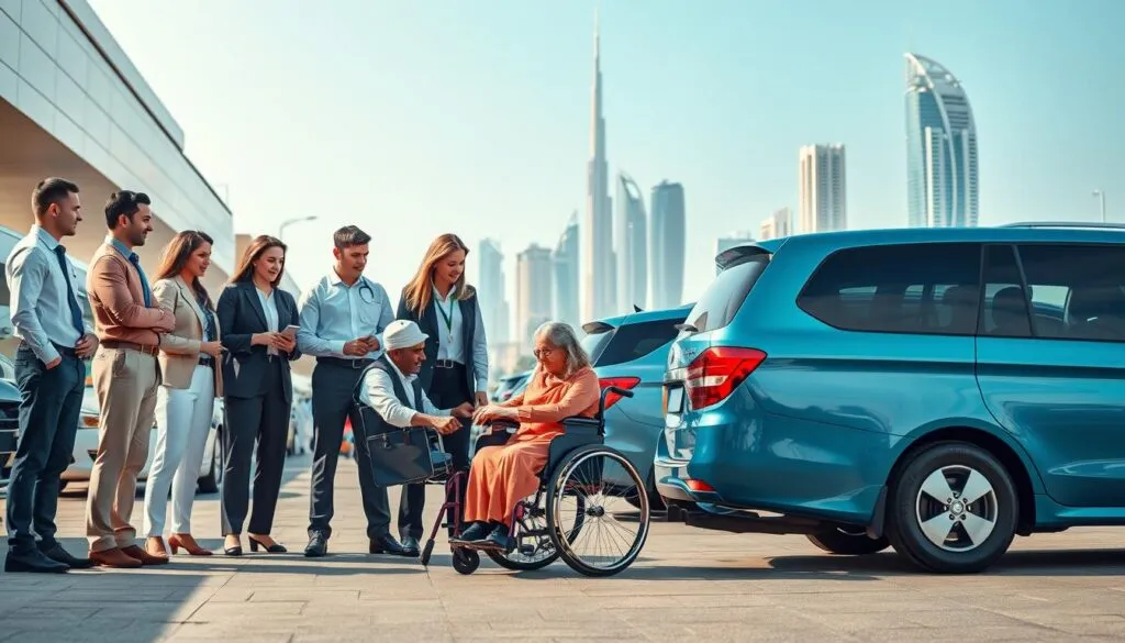 A scene illustrating the urgent need for medical appointment drivers in Dubai, featuring a diverse group of professional drivers in smart casual attire, standing beside well-maintained vehicles ready for transport. In the foreground, a driver interacts with an elderly patient in a wheelchair, showcasing compassion and assistance. The middle ground presents a busy hospital or clinic setting with a clear sky, emphasizing a dynamic urban background. In the background, iconic Dubai architecture subtly highlights the city’s modernity. Soft, natural lighting bathes the scene, creating a warm and welcoming atmosphere. The angle captures both the drivers' readiness and the patients' needs, reflecting professionalism and care in medical transportation. A scene illustrating the urgent need for medical appointment drivers in Dubai, featuring a diverse group of professional drivers in smart casual attire, standing beside well-maintained vehicles ready for transport. In the foreground, a driver interacts with an elderly patient in a wheelchair, showcasing compassion and assistance. The middle ground presents a busy hospital or clinic setting with a clear sky, emphasizing a dynamic urban background. In the background, iconic Dubai architecture subtly highlights the city’s modernity. Soft, natural lighting bathes the scene, creating a warm and welcoming atmosphere. The angle captures both the drivers' readiness and the patients' needs, reflecting professionalism and care in medical transportation.