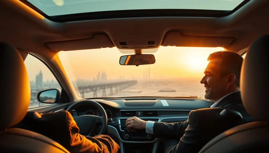 A luxurious and comfortable car interior with a professional driver in business attire behind the wheel. In the foreground, a smiling passenger enjoying the ride, with a scenic view visible through the window. In the middle, the car is surrounded by a panoramic view of the Dubai skyline transitioning to the vast desert landscape leading to Abu Dhabi, showcasing both the urban and natural beauty of the journey. The background features a sunset sky, casting warm golden light that creates a serene and inviting atmosphere. The scene captures the convenience and relaxation of using a driver service, emphasizing comfort and affordability. Utilize a wide-angle lens perspective to enhance depth, with soft, natural lighting to evoke a peaceful, enjoyable travel experience.