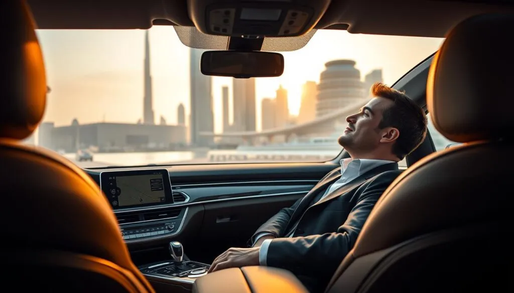 A luxurious, spacious car interior showcasing comfort during travel, with plush leather seats and soft lighting creating a warm ambiance. In the foreground, a neatly organized dashboard with high-end controls and a touch screen displaying a navigation app. The middle ground reveals a relaxed traveler, a person in professional business attire, leaning back with a serene expression while enjoying the scenic Dubai skyline through the large windows. In the background, iconic Dubai landmarks like the Burj Khalifa and contemporary architecture are softly blurred, enhancing the sense of journey. The image is bathed in soft, golden hour lighting, evoking a peaceful, inviting atmosphere that emphasizes the importance of comfort while exploring new destinations.