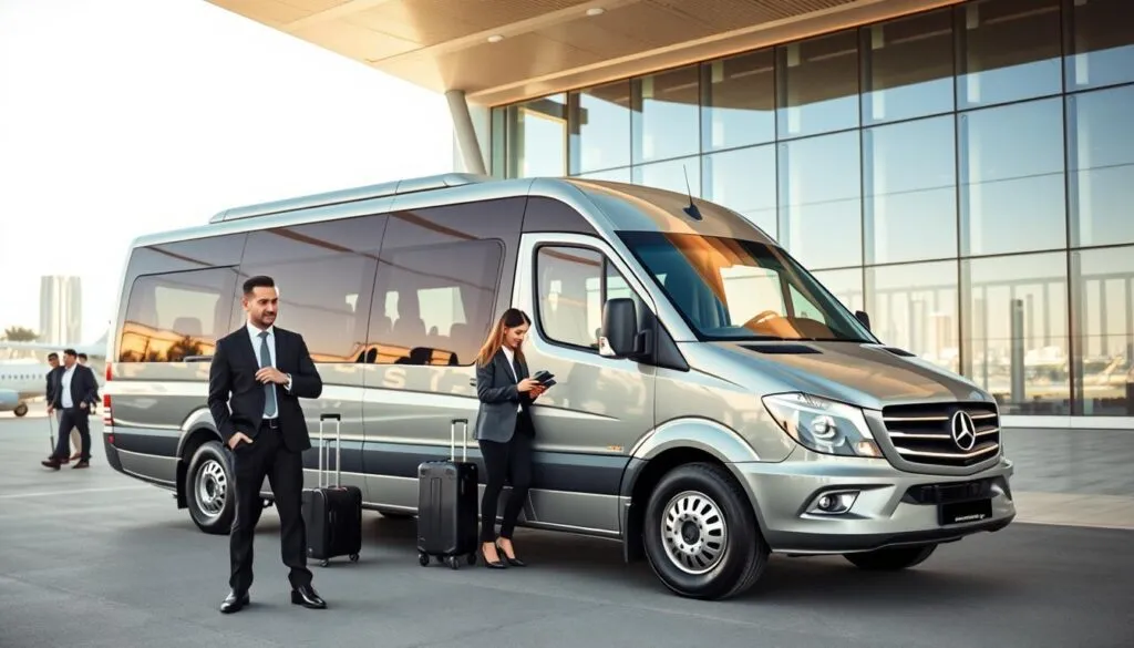 A modern business airport shuttle bus parked in front of a gleaming terminal at a bustling UAE airport, showcasing sleek, professional design. In the foreground, a smartly dressed chauffeur in a tailored suit stands confidently beside the vehicle, ready to assist corporate travelers. The middle ground features a few well-dressed professionals – men in suits and women in business attire – interacting with luggage and discussing plans, exuding a sense of urgency and professionalism. The background reveals an expansive airport terminal with large glass windows, reflecting the vibrant cityscape of Dubai beneath a bright azure sky. Soft, natural lighting highlights the scene, creating a welcoming atmosphere that suggests efficiency and luxury in corporate travel. The composition should have a slightly elevated angle, emphasizing the shuttle's role in airport transfer services. A modern business airport shuttle bus parked in front of a gleaming terminal at a bustling UAE airport, showcasing sleek, professional design. In the foreground, a smartly dressed chauffeur in a tailored suit stands confidently beside the vehicle, ready to assist corporate travelers. The middle ground features a few well-dressed professionals – men in suits and women in business attire – interacting with luggage and discussing plans, exuding a sense of urgency and professionalism. The background reveals an expansive airport terminal with large glass windows, reflecting the vibrant cityscape of Dubai beneath a bright azure sky. Soft, natural lighting highlights the scene, creating a welcoming atmosphere that suggests efficiency and luxury in corporate travel. The composition should have a slightly elevated angle, emphasizing the shuttle's role in airport transfer services.