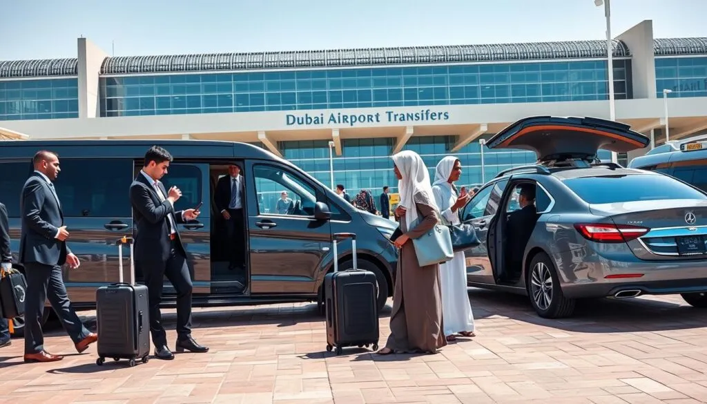 A bustling scene showcasing Dubai airport transfers, featuring a modern airport terminal in the background with iconic architecture. In the foreground, a diverse group of travelers in professional business attire and modest casual clothing are interacting with a sleek van and luxury sedan, both stylish and contemporary. One traveler is consulting a smartphone while another is loading luggage into the van. The middle ground includes a clear view of the airport signage and an elegant taxi stand, enhancing the travel ambiance. The lighting is bright and inviting, mimicking the sunny Dubai climate, captured with a wide-angle lens to emphasize the dynamic activity. The mood is vibrant and efficient, reflecting the ease of transportation options available at Dubai Airport.