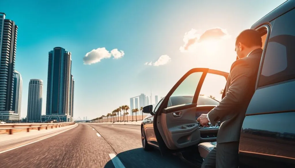 A luxurious chauffeur-driven car gliding smoothly along a scenic highway from Dubai to Sharjah, with modern skyscrapers on one side and the tranquil desert landscape on the other. In the foreground, a well-dressed chauffeur in a tailored suit opens the car door, showcasing an elegant interior with plush leather seats and soft ambient lighting. The middle section features the car on the road under a bright blue sky adorned with a few fluffy clouds, exuding a sense of tranquility and comfort. In the background, the iconic skyline of Sharjah can be seen emerging between palm trees, symbolizing the journey's destination. The atmosphere is serene and sophisticated, captured with a warm, inviting light to highlight the luxury experience. A luxurious chauffeur-driven car gliding smoothly along a scenic highway from Dubai to Sharjah, with modern skyscrapers on one side and the tranquil desert landscape on the other. In the foreground, a well-dressed chauffeur in a tailored suit opens the car door, showcasing an elegant interior with plush leather seats and soft ambient lighting. The middle section features the car on the road under a bright blue sky adorned with a few fluffy clouds, exuding a sense of tranquility and comfort. In the background, the iconic skyline of Sharjah can be seen emerging between palm trees, symbolizing the journey's destination. The atmosphere is serene and sophisticated, captured with a warm, inviting light to highlight the luxury experience.