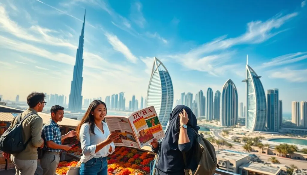 A stunning aerial view of Dubai showcasing its iconic skyline, including the Burj Khalifa and the Palm Jumeirah. In the foreground, a diverse group of tourists, dressed in smart casual attire, are engaged in a conversation about their travel plans while consulting a stylish travel guide that highlights Dubai’s attractions. The middle ground features a vibrant market scene with colorful stalls selling traditional spices and textiles, evoking a sense of exploration. The background captures the modern architecture of futuristic skyscrapers under a bright blue sky, with wispy clouds. Soft, warm lighting bathes the scene, creating an inviting atmosphere, while a wide-angle lens emphasizes the grandeur of the city. The overall mood conveys excitement and adventure in discovering the jewel of the UAE. A stunning aerial view of Dubai showcasing its iconic skyline, including the Burj Khalifa and the Palm Jumeirah. In the foreground, a diverse group of tourists, dressed in smart casual attire, are engaged in a conversation about their travel plans while consulting a stylish travel guide that highlights Dubai’s attractions. The middle ground features a vibrant market scene with colorful stalls selling traditional spices and textiles, evoking a sense of exploration. The background captures the modern architecture of futuristic skyscrapers under a bright blue sky, with wispy clouds. Soft, warm lighting bathes the scene, creating an inviting atmosphere, while a wide-angle lens emphasizes the grandeur of the city. The overall mood conveys excitement and adventure in discovering the jewel of the UAE.