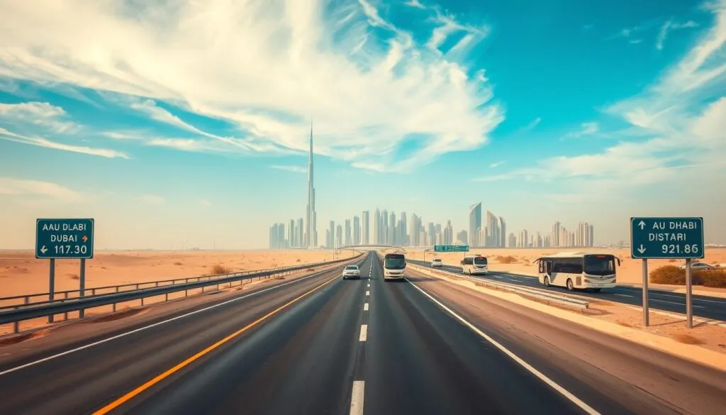 Aerial view of the modern highway connecting Dubai and Abu Dhabi, showcasing the distance between the two cities. In the foreground, a well-marked road stretches through a desert landscape, with clear directional signs indicating distance. In the middle, several vehicles, including cars and buses, represent various travel options. The background features the iconic skyline of Dubai with its towering skyscrapers, including the Burj Khalifa, fading into the horizon. The sky is a vibrant blue with soft clouds, providing bright daylight that illuminates the scene. The mood is both informative and inspiring, emphasizing efficiency in travel. Shot with a wide-angle lens to capture the vastness of the desert and urban structures, highlighting the impressive distance between the two cities.