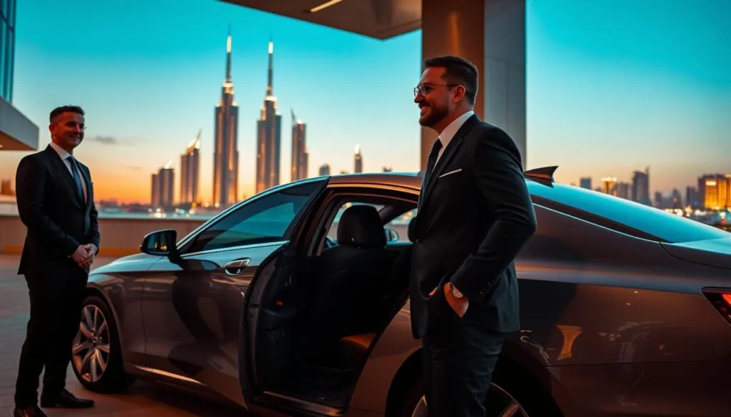 A modern, luxurious car parked outside a high-end hotel in Dubai, showcasing the benefits of a personal chauffeur. In the foreground, a well-dressed chauffeur in a professional suit stands beside the car, holding the door open with a welcoming smile. In the middle ground, a relaxed businessperson in smart casual attire is entering the vehicle, exuding a sense of comfort and convenience. The background features a stunning view of Dubai’s skyline at sunset, with iconic skyscrapers illuminated by the golden glow. The scene is softly lit, capturing a warm and inviting atmosphere. Use a wide-angle lens to emphasize the grandeur of the setting and create an engaging, professional mood. A modern, luxurious car parked outside a high-end hotel in Dubai, showcasing the benefits of a personal chauffeur. In the foreground, a well-dressed chauffeur in a professional suit stands beside the car, holding the door open with a welcoming smile. In the middle ground, a relaxed businessperson in smart casual attire is entering the vehicle, exuding a sense of comfort and convenience. The background features a stunning view of Dubai’s skyline at sunset, with iconic skyscrapers illuminated by the golden glow. The scene is softly lit, capturing a warm and inviting atmosphere. Use a wide-angle lens to emphasize the grandeur of the setting and create an engaging, professional mood.