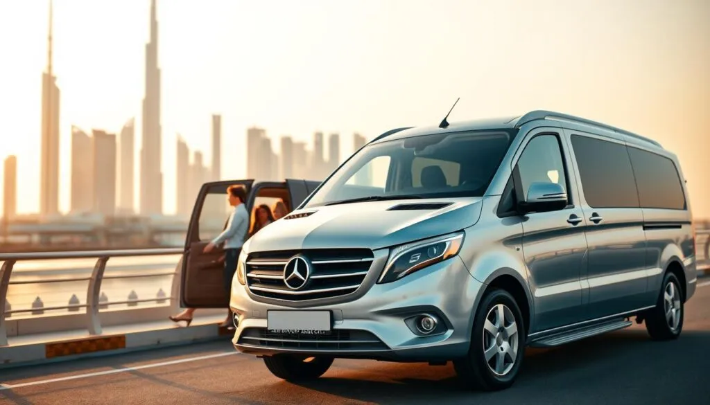 A sleek and modern airport transfer vehicle, prominently displayed in the foreground, with the iconic skyline of Dubai in the background, showcasing famous landmarks like the Burj Khalifa and Dubai Marina. The vehicle is in pristine condition, symbolizing reliability, while a professional driver in business attire stands beside it, exuding confidence and professionalism. In the middle ground, soft-focus images of satisfied passengers board the vehicle, highlighting their comfort and convenience. The overall scene is illuminated by warm, golden hour sunlight, casting a picturesque glow over the setting. The atmosphere is inviting and sophisticated, encapsulating the essence of convenience and luxury in travel with Safe Driver Dubai City. The composition is shot from a slight low angle to emphasize the grandeur of the surroundings. A sleek and modern airport transfer vehicle, prominently displayed in the foreground, with the iconic skyline of Dubai in the background, showcasing famous landmarks like the Burj Khalifa and Dubai Marina. The vehicle is in pristine condition, symbolizing reliability, while a professional driver in business attire stands beside it, exuding confidence and professionalism. In the middle ground, soft-focus images of satisfied passengers board the vehicle, highlighting their comfort and convenience. The overall scene is illuminated by warm, golden hour sunlight, casting a picturesque glow over the setting. The atmosphere is inviting and sophisticated, encapsulating the essence of convenience and luxury in travel with Safe Driver Dubai City. The composition is shot from a slight low angle to emphasize the grandeur of the surroundings.