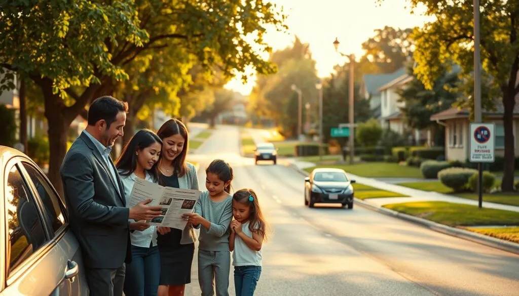 A serene, tree-lined suburban street during the late afternoon, bathed in warm golden light. In the foreground, a diverse family of five, dressed in professional attire, stands next to a parked car, examining road safety tips on a printed flyer. The parents are teaching their children about the importance of seatbelt use and pedestrian awareness, while a friendly neighborhood sign in the background advertises a local driving school. In the middle ground, a safe, well-maintained road curves gently ahead, with a few cars driving at a moderate speed. The background features houses and lush green gardens, creating a welcoming atmosphere. The soft, diffused sunlight casts gentle shadows, enhancing the feeling of safety and community. The overall mood is informative and educational, emphasizing the significance of safe driving practices. A serene, tree-lined suburban street during the late afternoon, bathed in warm golden light. In the foreground, a diverse family of five, dressed in professional attire, stands next to a parked car, examining road safety tips on a printed flyer. The parents are teaching their children about the importance of seatbelt use and pedestrian awareness, while a friendly neighborhood sign in the background advertises a local driving school. In the middle ground, a safe, well-maintained road curves gently ahead, with a few cars driving at a moderate speed. The background features houses and lush green gardens, creating a welcoming atmosphere. The soft, diffused sunlight casts gentle shadows, enhancing the feeling of safety and community. The overall mood is informative and educational, emphasizing the significance of safe driving practices.