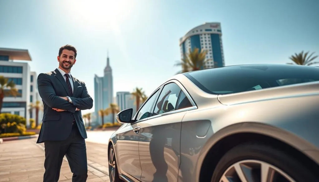 A professional and inviting scene showcasing "Safe Driver Jebel Ali." In the foreground, a confident, smiling driver in smart business attire stands next to a sleek, well-maintained luxury car, symbolizing trust and reliability. In the middle, a clean urban environment of Jebel Ali with recognizable landmarks, like modern buildings and palm trees, emphasizes the location. The background features a bright blue sky and warm sunlight filtering through, creating an upbeat and friendly atmosphere. The composition is shot from a low angle, enhancing the stature of the driver and vehicle, while ensuring crisp details on both the car and the surroundings. The overall mood conveys safety, professionalism, and a sense of community, perfect for highlighting the services of Safe Driver Jebel Ali. A professional and inviting scene showcasing