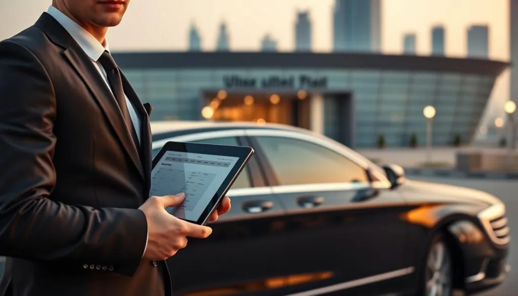 A professional corporate driver in a sleek black suit stands confidently beside a luxurious black sedan, showcasing Dubai's modern skyline in the background. The foreground features the driver holding a tablet with a transport schedule, emphasizing efficiency and professionalism. In the middle ground, a well-dressed business couple exits a hotel, looking relaxed and content. The setting is illuminated by soft, warm evening light, creating an inviting and stress-free atmosphere. The angle captures the driver in focus, with the couple slightly blurred, implying seamless coordination in travel. The mood conveys reliability and comfort, perfect for illustrating corporate event transport services in Dubai. A professional corporate driver in a sleek black suit stands confidently beside a luxurious black sedan, showcasing Dubai's modern skyline in the background. The foreground features the driver holding a tablet with a transport schedule, emphasizing efficiency and professionalism. In the middle ground, a well-dressed business couple exits a hotel, looking relaxed and content. The setting is illuminated by soft, warm evening light, creating an inviting and stress-free atmosphere. The angle captures the driver in focus, with the couple slightly blurred, implying seamless coordination in travel. The mood conveys reliability and comfort, perfect for illustrating corporate event transport services in Dubai.