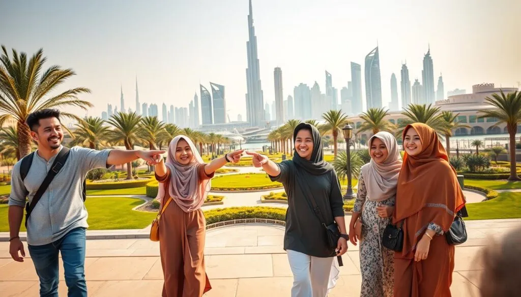 A vibrant family traveling through the UAE, featuring a diverse group, including parents and children, in modest casual clothing. In the foreground, the family is happily exploring a popular attraction like the Burj Khalifa, with children pointing excitedly. The middle ground showcases a beautifully landscaped park with palm trees and pathways, while the background reveals the stunning skyline of Dubai blending into the architecture of Abu Dhabi. The scene is bathed in warm golden sunlight, creating a cheerful and inviting atmosphere. Capture the composition with a wide-angle lens to emphasize the family’s joyful experience against the breathtaking cityscape, evoking a sense of adventure and unity in family travel. A vibrant family traveling through the UAE, featuring a diverse group, including parents and children, in modest casual clothing. In the foreground, the family is happily exploring a popular attraction like the Burj Khalifa, with children pointing excitedly. The middle ground showcases a beautifully landscaped park with palm trees and pathways, while the background reveals the stunning skyline of Dubai blending into the architecture of Abu Dhabi. The scene is bathed in warm golden sunlight, creating a cheerful and inviting atmosphere. Capture the composition with a wide-angle lens to emphasize the family’s joyful experience against the breathtaking cityscape, evoking a sense of adventure and unity in family travel.