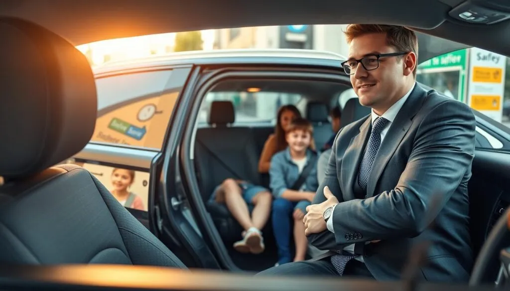 A modern, safe transportation scene showcasing a professional driver in a clean, comfortable car parked at a bustling urban location. In the foreground, the driver, dressed in smart business attire, is attentively assisting a family with children as they enter the vehicle. The middle ground features a well-designed vehicle with safety features like seat belts visible, while safety signs and awareness posters can be seen in the background. Soft, natural lighting casts a warm glow, highlighting the trustworthiness and professionalism of the service. The angle captures the interaction between the driver and the passengers from a slightly elevated perspective, creating a welcoming and secure atmosphere. The overall mood reflects reliability and peace of mind associated with safe driver services. A modern, safe transportation scene showcasing a professional driver in a clean, comfortable car parked at a bustling urban location. In the foreground, the driver, dressed in smart business attire, is attentively assisting a family with children as they enter the vehicle. The middle ground features a well-designed vehicle with safety features like seat belts visible, while safety signs and awareness posters can be seen in the background. Soft, natural lighting casts a warm glow, highlighting the trustworthiness and professionalism of the service. The angle captures the interaction between the driver and the passengers from a slightly elevated perspective, creating a welcoming and secure atmosphere. The overall mood reflects reliability and peace of mind associated with safe driver services.