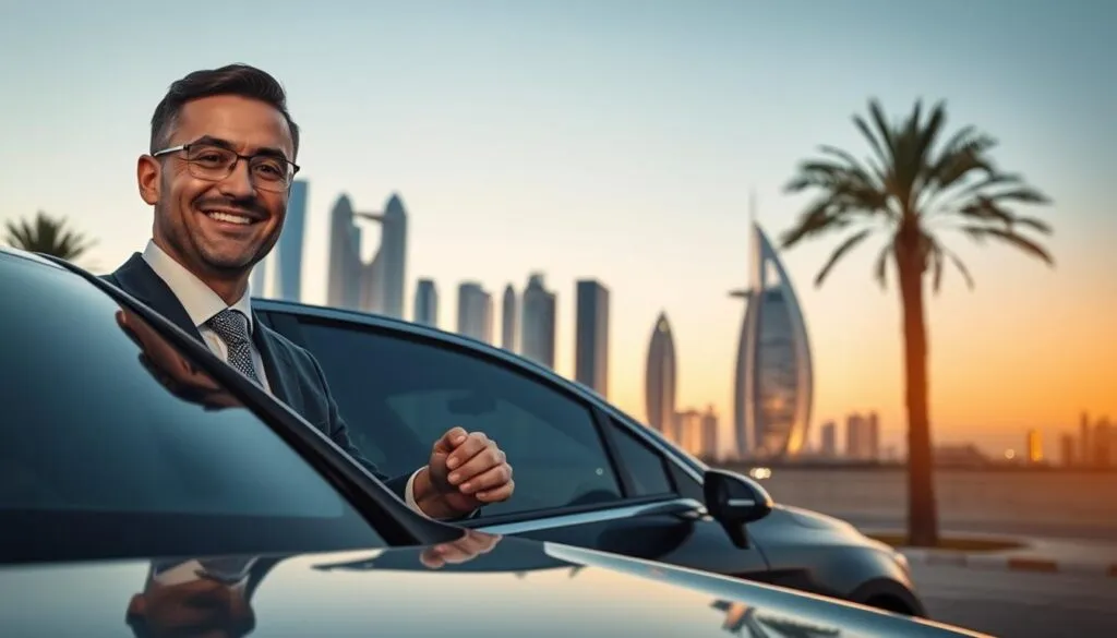 A professional safe driver service scene in Dubai, featuring a well-groomed driver in a smart business suit, greeting a satisfied passenger near a sleek, modern car. In the foreground, the driver is smiling, holding a car door open, while the passenger, dressed in smart casual attire, appears relaxed and content. In the middle ground, the luxurious Dubai skyline including iconic buildings like the Burj Khalifa and Burj Al Arab can be seen, illuminated by soft evening light. The background features palm trees and a clear sky transitioning from sunset to twilight, adding a warm, inviting ambiance. The image should have a professional, clean aesthetic, emphasizing reliability and comfort in urban transportation. Soft focus on the edges to highlight the central figures and city landmarks. A professional safe driver service scene in Dubai, featuring a well-groomed driver in a smart business suit, greeting a satisfied passenger near a sleek, modern car. In the foreground, the driver is smiling, holding a car door open, while the passenger, dressed in smart casual attire, appears relaxed and content. In the middle ground, the luxurious Dubai skyline including iconic buildings like the Burj Khalifa and Burj Al Arab can be seen, illuminated by soft evening light. The background features palm trees and a clear sky transitioning from sunset to twilight, adding a warm, inviting ambiance. The image should have a professional, clean aesthetic, emphasizing reliability and comfort in urban transportation. Soft focus on the edges to highlight the central figures and city landmarks.