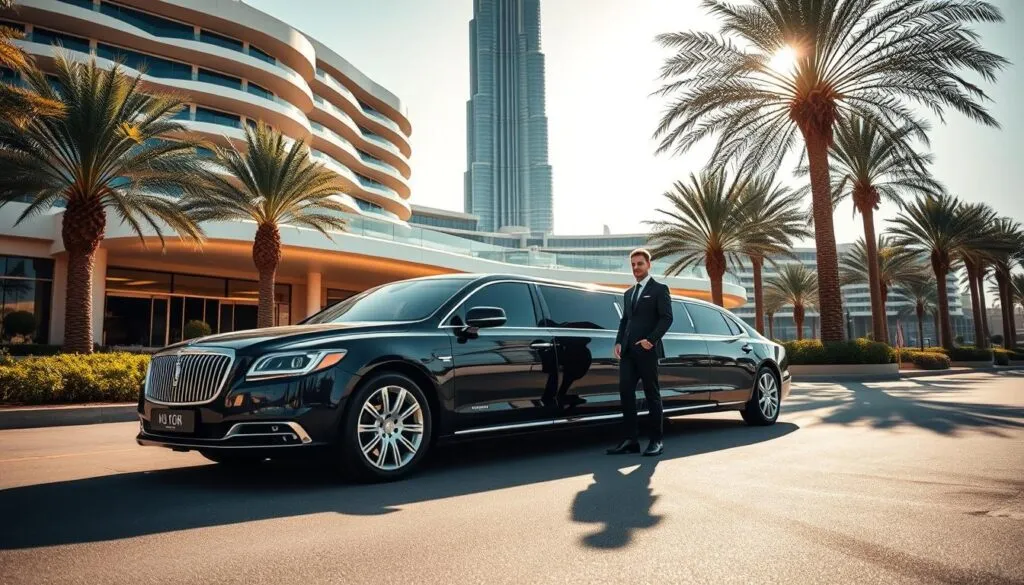 A luxurious, high-end limousine parked in front of a modern, opulent hotel in Dubai, showcasing the unique architecture of the Burj Khalifa in the background. In the foreground, a well-dressed driver in smart business attire stands beside the vehicle, exuding professionalism and elegance. Sunlight bathes the scene, creating a warm and inviting atmosphere that reflects the vibrant essence of Dubai. The angle captures the grandeur of the hotel and the sleek design of the limousine. Soft shadows and highlights enhance the luxurious feel, while palm trees line the street, adding a touch of the local culture. The overall mood is one of sophistication and premium travel experience, perfect for those seeking comfort and style. A luxurious, high-end limousine parked in front of a modern, opulent hotel in Dubai, showcasing the unique architecture of the Burj Khalifa in the background. In the foreground, a well-dressed driver in smart business attire stands beside the vehicle, exuding professionalism and elegance. Sunlight bathes the scene, creating a warm and inviting atmosphere that reflects the vibrant essence of Dubai. The angle captures the grandeur of the hotel and the sleek design of the limousine. Soft shadows and highlights enhance the luxurious feel, while palm trees line the street, adding a touch of the local culture. The overall mood is one of sophistication and premium travel experience, perfect for those seeking comfort and style.