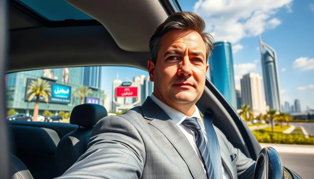 A professional driver in a sleek, modern car, parked in the bustling landscape of Dubai Media City. The foreground features the driver, a middle-aged individual wearing tailored business attire, exuding confidence and safety. In the middle ground, the iconic Dubai Media City skyline showcases contemporary architecture, vibrant billboards, and greenery, illustrating a dynamic urban environment. The background is a clear blue sky with soft clouds, capturing a bright, inviting day. The image is well-lit, with sunlight reflecting off the glass buildings, creating a warm atmosphere. The perspective is slightly angled from the driver's side, emphasizing their role in providing safe transport. The overall mood is professional, reassuring, and modern, encapsulating the essence of safe, reliable driver services in Dubai.