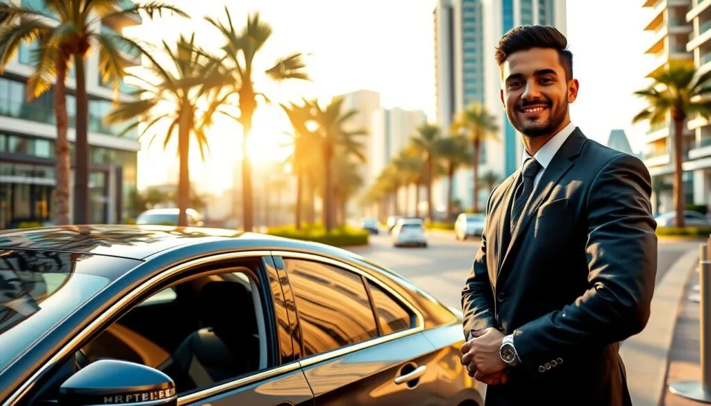 A trustworthy driver service in Jumeirah Beach Residence, showcasing a professional driver in a smart uniform, smiling and standing next to a sleek, luxurious car ready for passengers. In the foreground, capture the driver’s confident demeanor and polite posture, while highlighting a clear, well-maintained vehicle. In the middle ground, depict a tranquil scene of the vibrant JBR area with palm trees lining the street and modern buildings in the background, bathed in warm, golden sunlight, hinting at safety and comfort. Use a slight upward angle to emphasize the professionalism and reliability of the driver services. The overall mood should be welcoming and reassuring, promoting a sense of security for passengers. A trustworthy driver service in Jumeirah Beach Residence, showcasing a professional driver in a smart uniform, smiling and standing next to a sleek, luxurious car ready for passengers. In the foreground, capture the driver’s confident demeanor and polite posture, while highlighting a clear, well-maintained vehicle. In the middle ground, depict a tranquil scene of the vibrant JBR area with palm trees lining the street and modern buildings in the background, bathed in warm, golden sunlight, hinting at safety and comfort. Use a slight upward angle to emphasize the professionalism and reliability of the driver services. The overall mood should be welcoming and reassuring, promoting a sense of security for passengers.