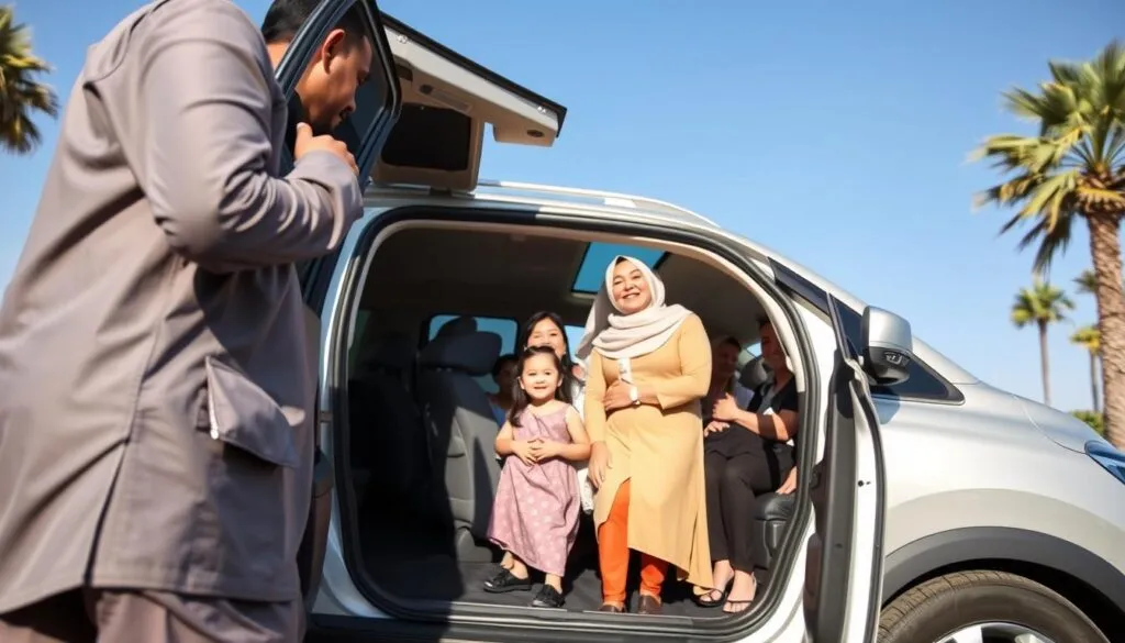 A modern family car service scene in a well-lit urban setting in the UAE. In the foreground, a professional driver in modest casual clothing is opening the door of a spacious, clean SUV, showcasing a welcoming interior with child safety seats. In the middle ground, a diverse family, including parents and children dressed in smart-casual attire, is getting ready to enter the vehicle, displaying expressions of comfort and excitement. The background features palm trees and a clear blue sky, capturing the essence of the UAE. The scene conveys a warm, family-friendly atmosphere, emphasizing safety and reliability. Use bright, natural lighting to highlight details, and consider a slightly low angle to enhance the visual appeal. A modern family car service scene in a well-lit urban setting in the UAE. In the foreground, a professional driver in modest casual clothing is opening the door of a spacious, clean SUV, showcasing a welcoming interior with child safety seats. In the middle ground, a diverse family, including parents and children dressed in smart-casual attire, is getting ready to enter the vehicle, displaying expressions of comfort and excitement. The background features palm trees and a clear blue sky, capturing the essence of the UAE. The scene conveys a warm, family-friendly atmosphere, emphasizing safety and reliability. Use bright, natural lighting to highlight details, and consider a slightly low angle to enhance the visual appeal.
