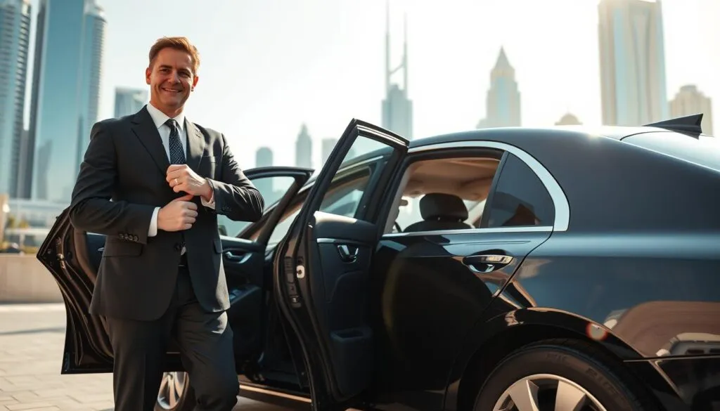 A professional chauffeur in a sleek, black suit stands confidently beside a luxurious black sedan, set in an urban Dubai backdrop. The chauffeur has a friendly yet professional demeanor, wearing a neat tie and polished shoes. The foreground captures the driver adjusting his cufflinks, reflecting sophistication. In the middle ground, the open door of the vehicle reveals a plush, leather interior, hinting at comfort and elegance. The background showcases iconic Dubai skyscrapers, glimmering under a bright blue sky with soft, diffused sunlight creating a warm atmosphere. The image is framed using a shallow depth of field to focus on the chauffeur while softly blurring the urban landscape behind, evoking a sense of professionalism and seamless business travel. A professional chauffeur in a sleek, black suit stands confidently beside a luxurious black sedan, set in an urban Dubai backdrop. The chauffeur has a friendly yet professional demeanor, wearing a neat tie and polished shoes. The foreground captures the driver adjusting his cufflinks, reflecting sophistication. In the middle ground, the open door of the vehicle reveals a plush, leather interior, hinting at comfort and elegance. The background showcases iconic Dubai skyscrapers, glimmering under a bright blue sky with soft, diffused sunlight creating a warm atmosphere. The image is framed using a shallow depth of field to focus on the chauffeur while softly blurring the urban landscape behind, evoking a sense of professionalism and seamless business travel.