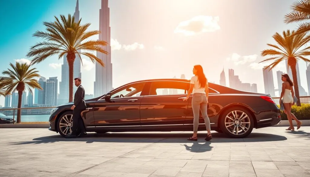 A luxurious private car stationed in front of an iconic Dubai landmark, such as the Burj Khalifa or the Dubai Marina, with the driver, a professionally dressed individual in smart attire, waiting beside the vehicle. In the foreground, there's a couple or a family enjoying the view, dressed in modest casual clothing, looking relaxed and happy. The middle section showcases the gleaming car, reflecting the sunlight, with palm trees swaying gently in the warm breeze. The background features a vibrant blue sky with a few fluffy clouds and the striking skyline of Dubai, radiating a sense of adventure and exploration. The scene is lit with natural sunlight, creating a warm and inviting atmosphere. Use a wide-angle perspective to capture both the vehicle and the grandeur of the surroundings. A luxurious private car stationed in front of an iconic Dubai landmark, such as the Burj Khalifa or the Dubai Marina, with the driver, a professionally dressed individual in smart attire, waiting beside the vehicle. In the foreground, there's a couple or a family enjoying the view, dressed in modest casual clothing, looking relaxed and happy. The middle section showcases the gleaming car, reflecting the sunlight, with palm trees swaying gently in the warm breeze. The background features a vibrant blue sky with a few fluffy clouds and the striking skyline of Dubai, radiating a sense of adventure and exploration. The scene is lit with natural sunlight, creating a warm and inviting atmosphere. Use a wide-angle perspective to capture both the vehicle and the grandeur of the surroundings.