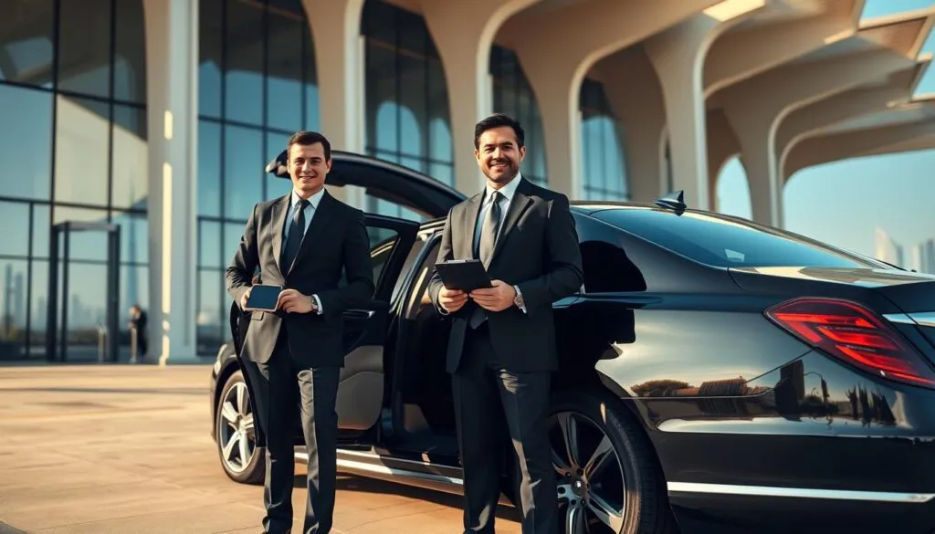 A sophisticated airport chauffeur in a sleek black suit and tie stands confidently beside a luxurious black sedan parked outside a modern Dubai airport terminal. The chauffeur is smiling politely, holding a tablet displaying the passenger's name, and standing next to the open rear door of the vehicle. The background features the striking architecture of the terminal illuminated by warm afternoon sunlight, casting elegant shadows. In the distance, the iconic Burj Khalifa can be seen against a clear blue sky, adding to the luxurious atmosphere. The image captures a sense of elegance and professionalism, emphasizing seamless luxury travel in a bustling city. The composition should be captured with a slightly low angle to enhance the grandeur of the setting, using natural lighting to create an inviting and high-end feel.