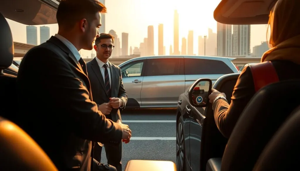 A bustling scene in Dubai featuring professional drivers emphasizing safety and reliability. In the foreground, two drivers in smart business attire confidently assist passengers, ensuring proper seatbelt use and checking vehicle safety features. The middle ground showcases a sleek, modern vehicle parked safely at a designated pickup point, with the iconic skyline of Dubai visible in the background. Soft, golden sunlight filters through the scene, casting a warm glow and enhancing the atmosphere of professionalism and trust. Capture the moment from a slightly elevated angle, allowing for a comprehensive view of the drivers interacting with passengers while highlighting the surrounding cityscape. Aim for a mood of assurance and dependability, reflecting the commitment of professional drivers to provide safe rides in Dubai. A bustling scene in Dubai featuring professional drivers emphasizing safety and reliability. In the foreground, two drivers in smart business attire confidently assist passengers, ensuring proper seatbelt use and checking vehicle safety features. The middle ground showcases a sleek, modern vehicle parked safely at a designated pickup point, with the iconic skyline of Dubai visible in the background. Soft, golden sunlight filters through the scene, casting a warm glow and enhancing the atmosphere of professionalism and trust. Capture the moment from a slightly elevated angle, allowing for a comprehensive view of the drivers interacting with passengers while highlighting the surrounding cityscape. Aim for a mood of assurance and dependability, reflecting the commitment of professional drivers to provide safe rides in Dubai.