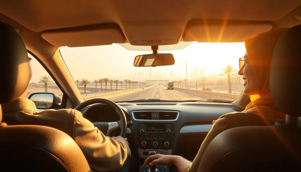A serene scene depicting a safe driver journeying along the highway between Dubai and Sharjah. In the foreground, a professional male and female driver, both in modest business attire, are seated in a well-maintained car, smiling and focused on the road. In the middle ground, the highway stretches out, lined with palm trees and occasional roadside landmarks, showcasing the beauty of the surrounding desert landscape. The background features an impressive view of Dubai's skyline shimmering in the sunlight, alongside the iconic architecture of Sharjah. The atmosphere is bright and positive, emphasizing safety and responsibility. The image is lit with golden hour sunlight, casting a warm glow and creating a hopeful mood, captured with a slight tilt-angle from above to emphasize the journey's perspective. A serene scene depicting a safe driver journeying along the highway between Dubai and Sharjah. In the foreground, a professional male and female driver, both in modest business attire, are seated in a well-maintained car, smiling and focused on the road. In the middle ground, the highway stretches out, lined with palm trees and occasional roadside landmarks, showcasing the beauty of the surrounding desert landscape. The background features an impressive view of Dubai's skyline shimmering in the sunlight, alongside the iconic architecture of Sharjah. The atmosphere is bright and positive, emphasizing safety and responsibility. The image is lit with golden hour sunlight, casting a warm glow and creating a hopeful mood, captured with a slight tilt-angle from above to emphasize the journey's perspective.