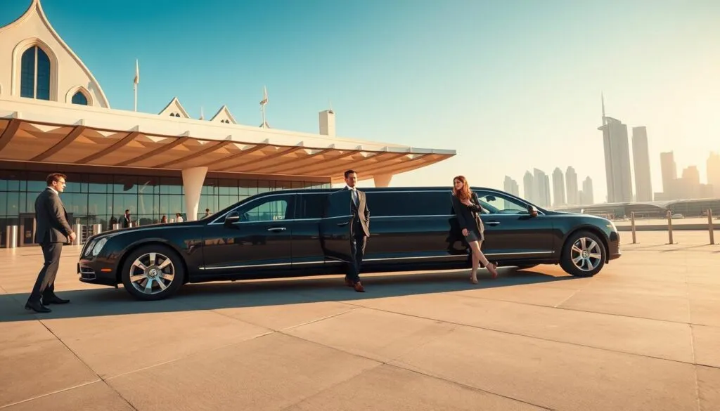 A luxurious airport transfer scene in Dubai, featuring an elegant black limousine parked in front of a modern airport terminal adorned with iconic architectural elements. In the foreground, a professionally dressed chauffeur stands beside the vehicle, ready to assist travelers with their luggage. In the middle ground, a couple in stylish business attire is stepping out of the terminal, looking relaxed and excited. The background showcases the gleaming Dubai skyline under a clear blue sky, with soft golden sunlight illuminating the scene, creating an atmosphere of opulence and sophistication. Use a wide-angle perspective to capture the grandeur of the setting while emphasizing the luxurious details of the limousine and the elegance of the environment. A luxurious airport transfer scene in Dubai, featuring an elegant black limousine parked in front of a modern airport terminal adorned with iconic architectural elements. In the foreground, a professionally dressed chauffeur stands beside the vehicle, ready to assist travelers with their luggage. In the middle ground, a couple in stylish business attire is stepping out of the terminal, looking relaxed and excited. The background showcases the gleaming Dubai skyline under a clear blue sky, with soft golden sunlight illuminating the scene, creating an atmosphere of opulence and sophistication. Use a wide-angle perspective to capture the grandeur of the setting while emphasizing the luxurious details of the limousine and the elegance of the environment.