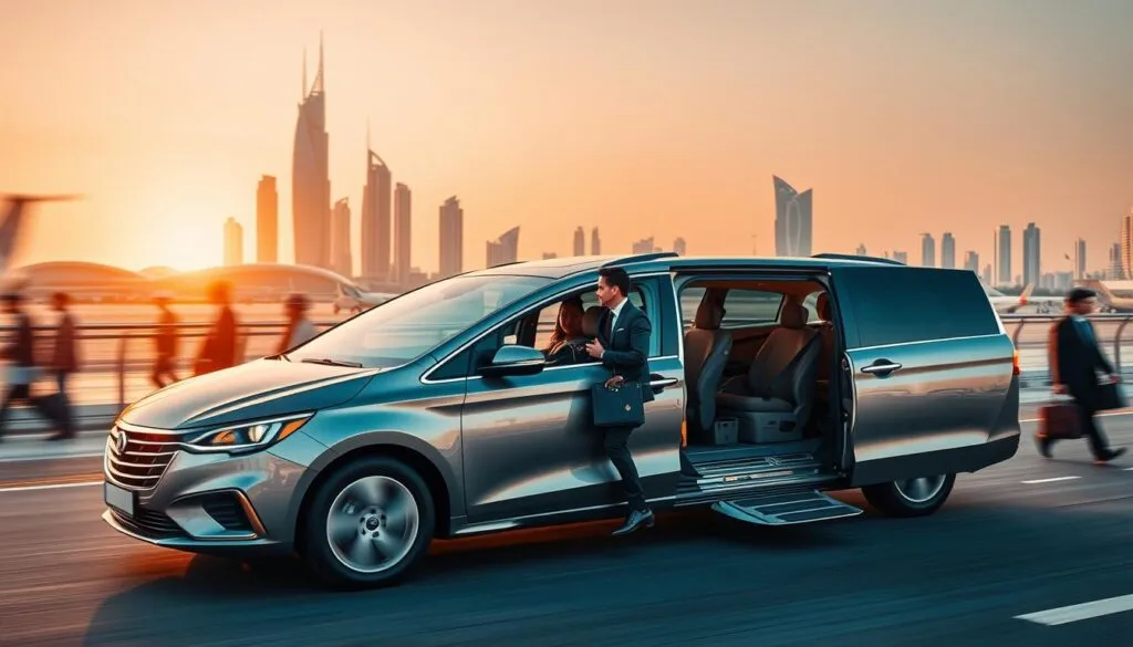 A dynamic corporate transportation scene in Abu Dhabi, featuring a sleek, modern vehicle in the foreground, with business professionals in professional attire entering and exiting. In the middle ground, a bustling airport terminal with travelers carrying briefcases, highlighting the theme of seamless corporate trips. The background showcases iconic Abu Dhabi architecture, such as high-rise buildings and the stunning skyline. The scene is bathed in warm, rich lighting, suggesting a golden hour atmosphere, creating a sense of productivity and movement. Use a slightly elevated angle to capture both the vehicle and the professionals, conveying urgency and efficiency in corporate travel. The mood is vibrant and professional, illustrating the importance of reliable transportation in business. A dynamic corporate transportation scene in Abu Dhabi, featuring a sleek, modern vehicle in the foreground, with business professionals in professional attire entering and exiting. In the middle ground, a bustling airport terminal with travelers carrying briefcases, highlighting the theme of seamless corporate trips. The background showcases iconic Abu Dhabi architecture, such as high-rise buildings and the stunning skyline. The scene is bathed in warm, rich lighting, suggesting a golden hour atmosphere, creating a sense of productivity and movement. Use a slightly elevated angle to capture both the vehicle and the professionals, conveying urgency and efficiency in corporate travel. The mood is vibrant and professional, illustrating the importance of reliable transportation in business.