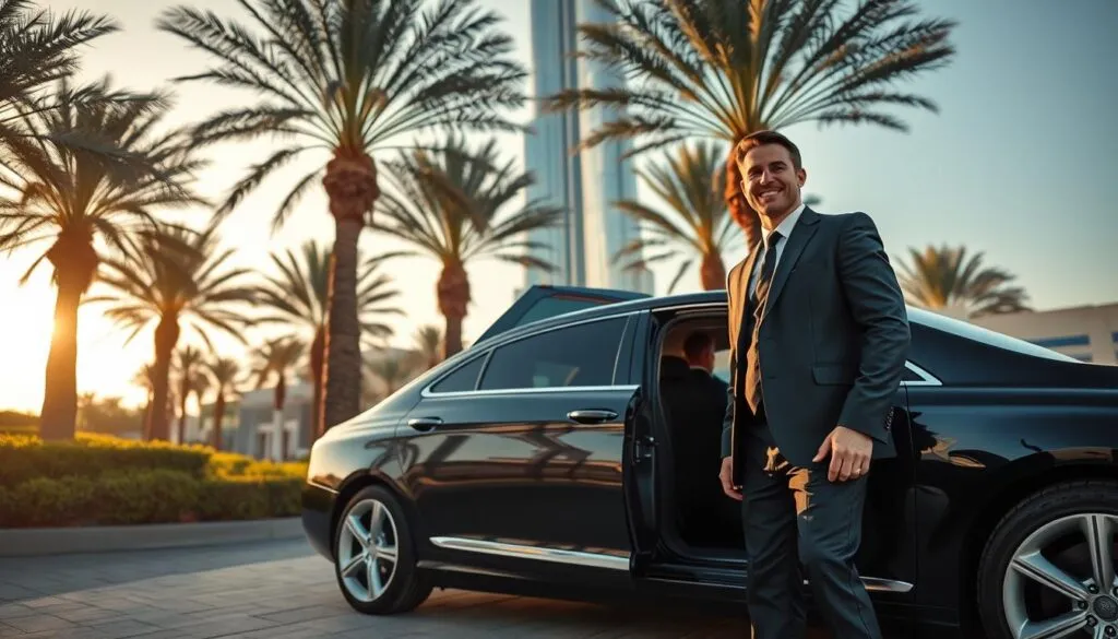 A luxurious black sedan parked elegantly outside a high-end hotel in Dubai, with the iconic Burj Khalifa towering in the background. In the foreground, a professional chauffeur dressed in a polished suit stands beside the car, holding a door open with a gracious smile. The midground features palm trees gently swaying in the warm Dubai sun, and well-dressed passengers stepping out of the vehicle, embodying comfort and sophistication. The scene is bathed in soft, golden lighting of early evening, casting pleasant shadows. The mood is welcoming and upscale, highlighting the professionalism and comfort of chauffeur services in Dubai. A wide-angle perspective captures the grandeur of the setting while maintaining focus on the skilled chauffeur service. A luxurious black sedan parked elegantly outside a high-end hotel in Dubai, with the iconic Burj Khalifa towering in the background. In the foreground, a professional chauffeur dressed in a polished suit stands beside the car, holding a door open with a gracious smile. The midground features palm trees gently swaying in the warm Dubai sun, and well-dressed passengers stepping out of the vehicle, embodying comfort and sophistication. The scene is bathed in soft, golden lighting of early evening, casting pleasant shadows. The mood is welcoming and upscale, highlighting the professionalism and comfort of chauffeur services in Dubai. A wide-angle perspective captures the grandeur of the setting while maintaining focus on the skilled chauffeur service.