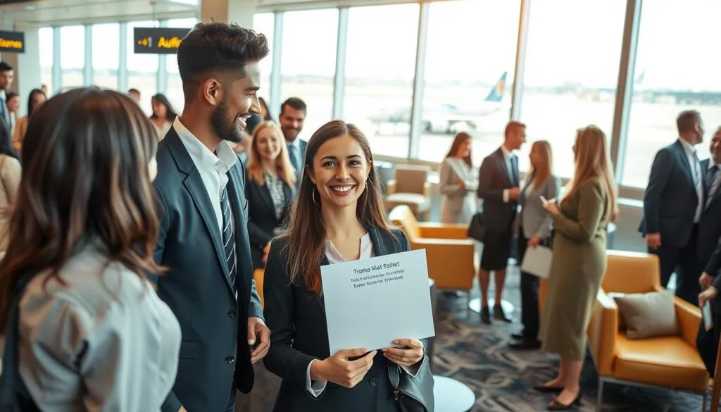 A vibrant scene at an airport meet and greet area, showcasing a diverse group of professional individuals in business attire engaging warmly with travelers. In the foreground, a smiling passenger is being welcomed by a concierge holding a sign with the traveler’s name. The middle ground features a stylish lounge area with comfortable seating and a cheerful atmosphere, adorned with modern decor. In the background, large airport windows reveal airplanes as they taxi on the runway under bright, natural daylight streaming in. The overall mood is welcoming and professional, conveying a sense of ease and comfort. Use a wide-angle lens to emphasize the spaciousness, with soft focus on the background to keep attention on the interaction.