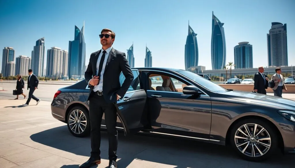 A sleek, modern luxury sedan parked in a bustling Abu Dhabi business district, with a professional chauffeur in a tailored black suit and crisp white shirt standing beside the car, holding a door open. The chauffeur is wearing sunglasses, exuding confidence and professionalism. In the background, iconic Abu Dhabi skyscrapers glisten under the bright sunlight against a clear blue sky. A few business travelers, dressed in smart casual attire, are approaching the car with briefcases in hand, showcasing the seamless nature of corporate travel. Soft shadows cast by the vehicle create a sophisticated atmosphere, while the focus is on the elegance and efficiency of the chauffeur service. The overall mood is polished and inviting, capturing the essence of luxury and professionalism. A sleek, modern luxury sedan parked in a bustling Abu Dhabi business district, with a professional chauffeur in a tailored black suit and crisp white shirt standing beside the car, holding a door open. The chauffeur is wearing sunglasses, exuding confidence and professionalism. In the background, iconic Abu Dhabi skyscrapers glisten under the bright sunlight against a clear blue sky. A few business travelers, dressed in smart casual attire, are approaching the car with briefcases in hand, showcasing the seamless nature of corporate travel. Soft shadows cast by the vehicle create a sophisticated atmosphere, while the focus is on the elegance and efficiency of the chauffeur service. The overall mood is polished and inviting, capturing the essence of luxury and professionalism.