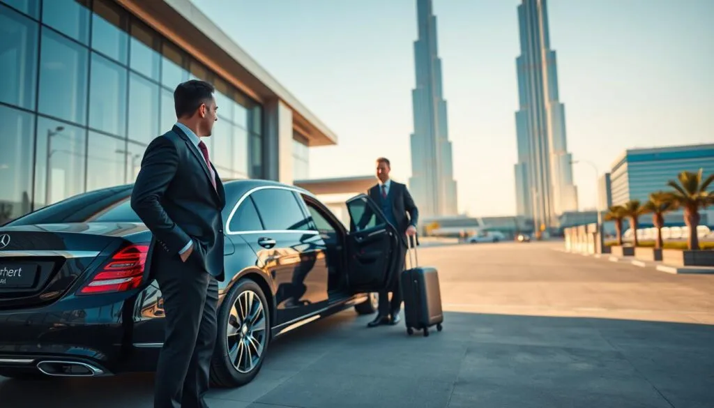 A luxurious airport transfer scene in Dubai, showcasing a sleek, high-end vehicle parked outside a modern terminal. In the foreground, a professional driver in a tailored suit stands next to the car, ready to assist an elegantly dressed passenger with luggage. The middle ground features the entrance of the terminal with its stunning architecture and gleaming glass. In the background, the iconic Burj Khalifa rises majestically against a clear blue sky. Soft, golden hour lighting bathes the scene, creating an inviting and upscale atmosphere. The focus is sharp, highlighting the luxury and seamless travel experience while maintaining a sense of sophistication and professionalism. A luxurious airport transfer scene in Dubai, showcasing a sleek, high-end vehicle parked outside a modern terminal. In the foreground, a professional driver in a tailored suit stands next to the car, ready to assist an elegantly dressed passenger with luggage. The middle ground features the entrance of the terminal with its stunning architecture and gleaming glass. In the background, the iconic Burj Khalifa rises majestically against a clear blue sky. Soft, golden hour lighting bathes the scene, creating an inviting and upscale atmosphere. The focus is sharp, highlighting the luxury and seamless travel experience while maintaining a sense of sophistication and professionalism.