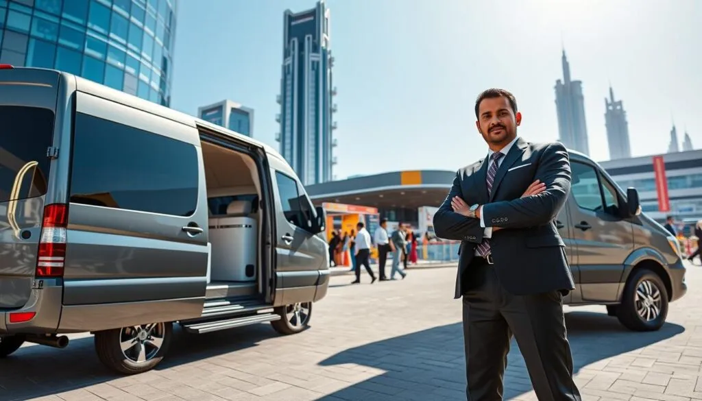 A professional exhibition driver, a South Asian male in a smart business suit, stands proudly next to a sleek luxury van, the vehicle emblazoned with subtle branding. In the foreground, he confidently gestures towards the van's open door, showcasing its spacious interior filled with neatly arranged event materials. In the middle ground, a busy exhibition center is visible, bustling with people and vibrant banners, creating an atmosphere of anticipation and professionalism. The background features tall glass buildings of Dubai's skyline under a clear blue sky, hinting at the city's modernity. The lighting is bright and welcoming, suggesting a sunny day. The composition is shot from a low angle to convey authority and reliability, capturing the essence of dependable event transportation.