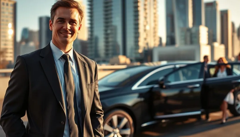 A professional chauffeur service scene set in an upscale urban environment. In the foreground, a well-groomed chauffeur in a tailored black suit and tie stands beside a luxurious black sedan, exuding an air of professionalism and reliability. The middle ground shows a sleek city skyline, with modern buildings gleaming in the late afternoon sun, casting long shadows that create a warm, inviting atmosphere. Soft, natural lighting highlights the chauffeur’s confident smile and the polished surface of the vehicle. In the background, softly blurred figures of satisfied passengers can be seen boarding the car, enhancing the sense of dependable service. The overall mood is sophisticated and reassuring, capturing the essence of reliability and comfort in transportation. A professional chauffeur service scene set in an upscale urban environment. In the foreground, a well-groomed chauffeur in a tailored black suit and tie stands beside a luxurious black sedan, exuding an air of professionalism and reliability. The middle ground shows a sleek city skyline, with modern buildings gleaming in the late afternoon sun, casting long shadows that create a warm, inviting atmosphere. Soft, natural lighting highlights the chauffeur’s confident smile and the polished surface of the vehicle. In the background, softly blurred figures of satisfied passengers can be seen boarding the car, enhancing the sense of dependable service. The overall mood is sophisticated and reassuring, capturing the essence of reliability and comfort in transportation.