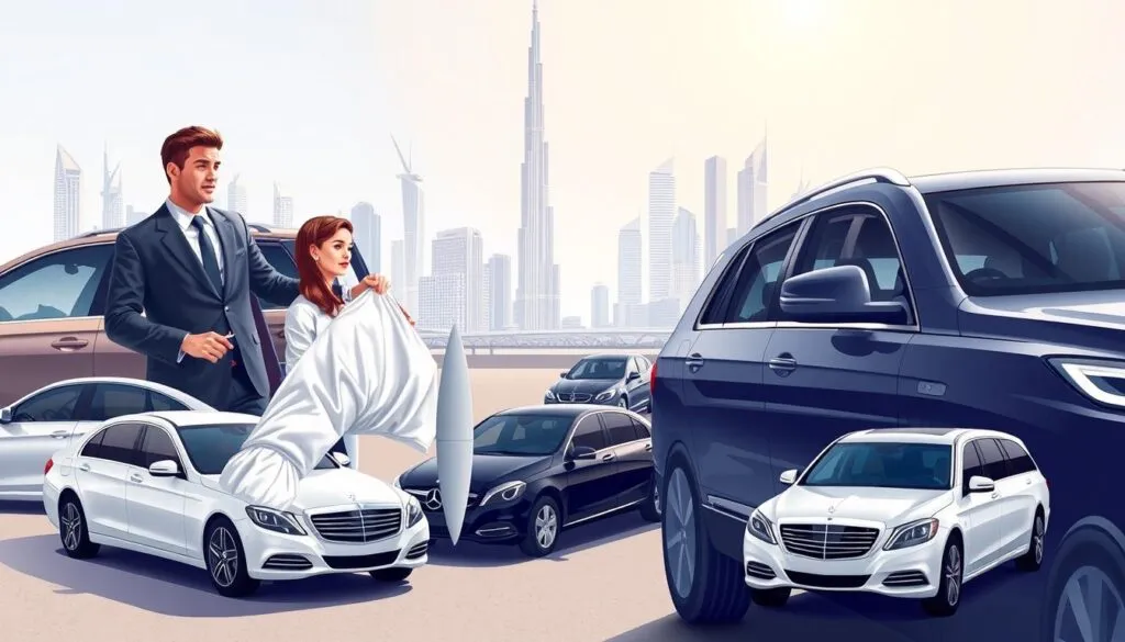 A detailed illustration of various safe driver services in Dubai. In the foreground, depict a professional male driver dressed in smart business attire, assisting a family entering a luxury vehicle, showcasing a family-friendly service. In the middle ground, include a diverse selection of vehicles, such as premium sedans, SUVs, and a chauffeured limousine, reflecting different types of driver services. In the background, the iconic Dubai skyline with modern skyscrapers, such as the Burj Khalifa, under a bright, sunny sky, emphasizing a vibrant urban environment. Soft, natural lighting enhances the scene, creating an inviting atmosphere that conveys professionalism and safety. The composition should be well-balanced, focusing on the interaction between the driver and clients while highlighting the luxury of Dubai’s transportation services. A detailed illustration of various safe driver services in Dubai. In the foreground, depict a professional male driver dressed in smart business attire, assisting a family entering a luxury vehicle, showcasing a family-friendly service. In the middle ground, include a diverse selection of vehicles, such as premium sedans, SUVs, and a chauffeured limousine, reflecting different types of driver services. In the background, the iconic Dubai skyline with modern skyscrapers, such as the Burj Khalifa, under a bright, sunny sky, emphasizing a vibrant urban environment. Soft, natural lighting enhances the scene, creating an inviting atmosphere that conveys professionalism and safety. The composition should be well-balanced, focusing on the interaction between the driver and clients while highlighting the luxury of Dubai’s transportation services.