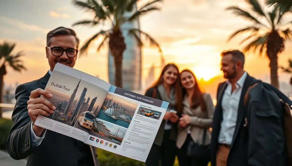 A luxurious Dubai vacation setup, featuring an elegant outdoor scene. In the foreground, a stylish travel agent presents a detailed brochure of customized Dubai tour packages, showcasing iconic landmarks like the Burj Khalifa and the Dubai Marina. The agent is dressed in professional business attire, conveying expertise. In the middle ground, a diverse group of happy travelers, dressed in modest casual clothing, engages in conversation about their dream trip. The background reveals a stunning sunset over Dubai's skyline, with warm golden tones and soft pink hues filling the sky. Use a wide-angle lens to capture the vibrancy of the scene, with soft natural lighting to enhance the welcoming atmosphere, evoking a sense of adventure and luxury. A luxurious Dubai vacation setup, featuring an elegant outdoor scene. In the foreground, a stylish travel agent presents a detailed brochure of customized Dubai tour packages, showcasing iconic landmarks like the Burj Khalifa and the Dubai Marina. The agent is dressed in professional business attire, conveying expertise. In the middle ground, a diverse group of happy travelers, dressed in modest casual clothing, engages in conversation about their dream trip. The background reveals a stunning sunset over Dubai's skyline, with warm golden tones and soft pink hues filling the sky. Use a wide-angle lens to capture the vibrancy of the scene, with soft natural lighting to enhance the welcoming atmosphere, evoking a sense of adventure and luxury.