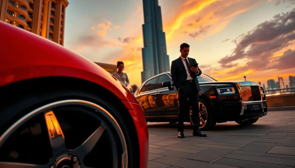 A sleek luxury car, such as a bright red Lamborghini or a matte black Rolls Royce, parked in front of an opulent Dubai hotel. In the foreground, a polished car tire reflecting the city lights, emphasizing the car’s high-end design. The middle ground features a well-dressed professional couple, wearing elegant business attire, examining the car with admiration. In the background, the iconic Burj Khalifa towers majestically against a twilight sky filled with deep oranges and purples. Soft golden lighting bathes the scene, enhancing the luxurious atmosphere. Capture the mood of exclusivity and sophistication, evoking the essence of a premium driving experience in the heart of Dubai, with a dynamic angle that showcases both the car and the stunning skyline.