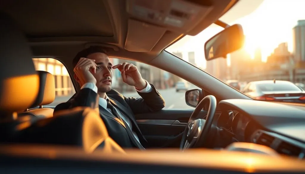 A professional driver seated comfortably in a sleek, luxury vehicle, wearing a crisp black suit and tie, exuding confidence and professionalism. In the foreground, the driver is adjusting the rearview mirror, symbolizing attention to detail and safety. The middle ground features a busy urban street with cars passing, highlighting the importance of navigating city traffic. In the background, a city skyline glimmers under a golden sunset, creating a warm and inviting atmosphere. Soft, diffused lighting enhances the scene, casting gentle shadows that evoke a sense of calm and reliability. The image conveys a sense of security, emphasizing the benefits of hiring a professional driver for safe and secure transportation.