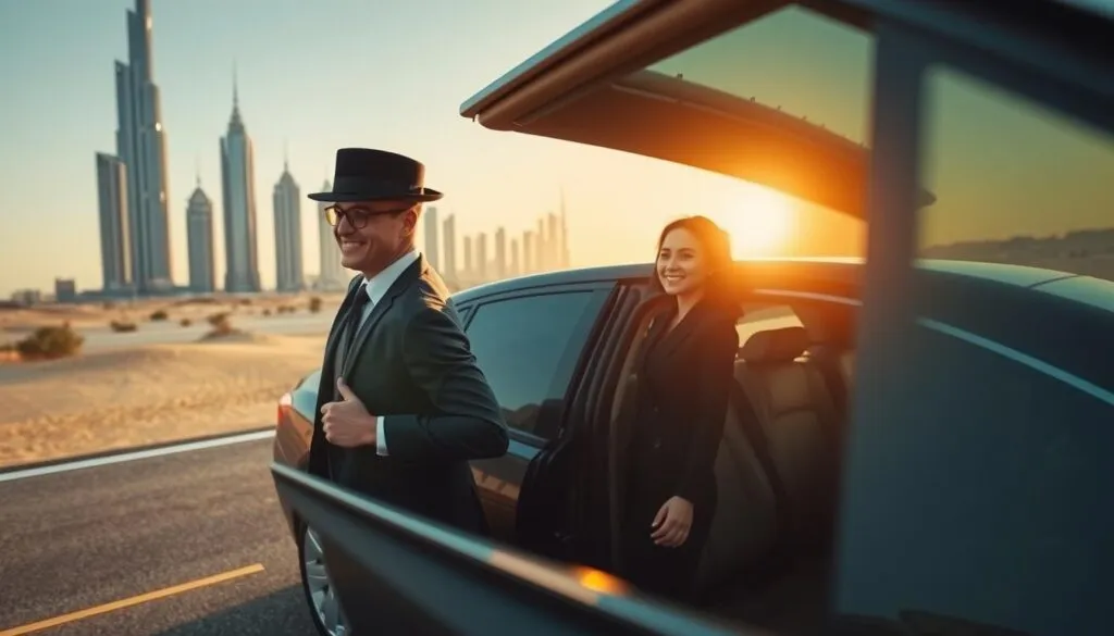 A luxurious scene featuring a chauffeur service in Dubai, focusing on the key benefits of this travel option. In the foreground, a professional chauffeur in a tailored black suit is opening the door of a high-end luxury sedan for a well-dressed couple, exuding elegance and comfort. The middle ground showcases the couple stepping into the car, looking relaxed and content, symbolizing convenience and prestige. In the background, vibrant skyscrapers of Dubai and the serene desert landscape are visible under golden-hour lighting, creating a warm and inviting atmosphere. The lens used is slightly wide-angle to encompass the grandeur of the surroundings. The mood is sophisticated, emphasizing relaxation and luxury in transportation without distractions or clutter. A luxurious scene featuring a chauffeur service in Dubai, focusing on the key benefits of this travel option. In the foreground, a professional chauffeur in a tailored black suit is opening the door of a high-end luxury sedan for a well-dressed couple, exuding elegance and comfort. The middle ground showcases the couple stepping into the car, looking relaxed and content, symbolizing convenience and prestige. In the background, vibrant skyscrapers of Dubai and the serene desert landscape are visible under golden-hour lighting, creating a warm and inviting atmosphere. The lens used is slightly wide-angle to encompass the grandeur of the surroundings. The mood is sophisticated, emphasizing relaxation and luxury in transportation without distractions or clutter.