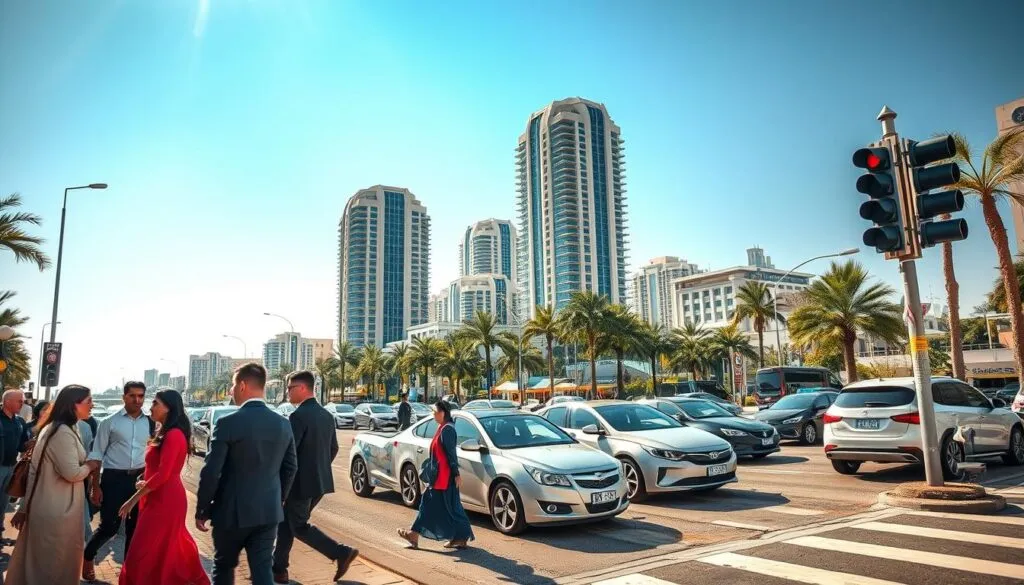 A vibrant and bustling street scene at Jumeirah Beach Residence, showcasing safe driving practices. In the foreground, a carefully monitored intersection with a diverse group of pedestrians, including individuals in professional business attire and modest casual clothing, waiting to cross. In the middle, a mix of modern vehicles, including family sedans and environmentally friendly cars, are stopped at a traffic light, exhibiting road safety. The background features the iconic skyscrapers of Jumeirah Beach Residence under bright, clear blue skies with mild, natural sunlight creating a warm atmosphere. The lens captures a slight depth of field, focusing on the safety signage and traffic lights, conveying an air of organization and community vigilance towards road safety. A vibrant and bustling street scene at Jumeirah Beach Residence, showcasing safe driving practices. In the foreground, a carefully monitored intersection with a diverse group of pedestrians, including individuals in professional business attire and modest casual clothing, waiting to cross. In the middle, a mix of modern vehicles, including family sedans and environmentally friendly cars, are stopped at a traffic light, exhibiting road safety. The background features the iconic skyscrapers of Jumeirah Beach Residence under bright, clear blue skies with mild, natural sunlight creating a warm atmosphere. The lens captures a slight depth of field, focusing on the safety signage and traffic lights, conveying an air of organization and community vigilance towards road safety.