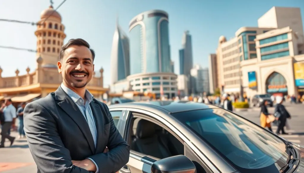 A professional driver standing next to a sleek, modern vehicle in a bustling urban setting of Sharjah. The driver, dressed in smart business attire, exudes confidence and professionalism. In the foreground, focus on the driver smiling warmly, with the vehicle clearly visible beside them. In the middle ground, capture a lively street scene with people engaging in daily activities, showcasing the vibrancy of Sharjah. In the background, feature iconic Sharjah architecture, such as traditional buildings and contemporary skyscrapers, under a clear blue sky. Use warm, natural lighting to create an inviting atmosphere, capturing a sense of reliability and professionalism in transportation services. Consider a mid-angle perspective to enhance the depth and dynamic feel of the scene. A professional driver standing next to a sleek, modern vehicle in a bustling urban setting of Sharjah. The driver, dressed in smart business attire, exudes confidence and professionalism. In the foreground, focus on the driver smiling warmly, with the vehicle clearly visible beside them. In the middle ground, capture a lively street scene with people engaging in daily activities, showcasing the vibrancy of Sharjah. In the background, feature iconic Sharjah architecture, such as traditional buildings and contemporary skyscrapers, under a clear blue sky. Use warm, natural lighting to create an inviting atmosphere, capturing a sense of reliability and professionalism in transportation services. Consider a mid-angle perspective to enhance the depth and dynamic feel of the scene.