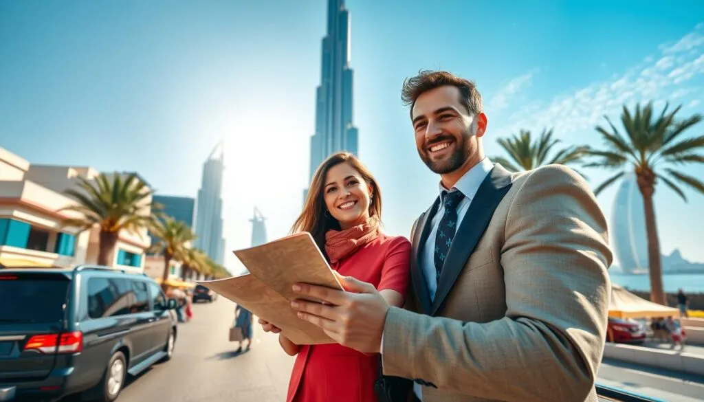 A stunning view of a Dubai sightseeing tour, showcasing a luxurious vehicle parked in front of the iconic Burj Khalifa. In the foreground, a well-dressed professional couple, smiling and looking intrigued, holds a map and camera, ready to explore the city. The middle layer features a bustling street with modern architecture, palm trees, and vibrant market stalls. In the background, the sky is a brilliant blue, reflecting the warm glow of the sun, while the silhouette of the Palm Jumeirah can be seen. The scene is illuminated with natural sunlight, enhancing the colors and creating a vibrant, inviting atmosphere. The mood is upbeat and adventurous, embodying the excitement of exploring Dubai in comfort and style. A stunning view of a Dubai sightseeing tour, showcasing a luxurious vehicle parked in front of the iconic Burj Khalifa. In the foreground, a well-dressed professional couple, smiling and looking intrigued, holds a map and camera, ready to explore the city. The middle layer features a bustling street with modern architecture, palm trees, and vibrant market stalls. In the background, the sky is a brilliant blue, reflecting the warm glow of the sun, while the silhouette of the Palm Jumeirah can be seen. The scene is illuminated with natural sunlight, enhancing the colors and creating a vibrant, inviting atmosphere. The mood is upbeat and adventurous, embodying the excitement of exploring Dubai in comfort and style.