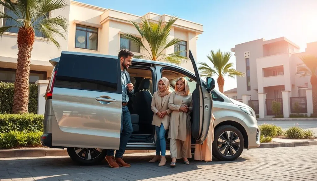 A modern family transportation scene set in the vibrant UAE, featuring a sleek, comfortable vehicle designed for family use parked in a residential area. In the foreground, a diverse family of four—parents dressed in professional business attire and two children in modest casual clothing—happily entering the vehicle. In the middle ground, lush greenery and stylish UAE architecture provide a welcoming backdrop, while in the distance, a blue sky and gentle sunlight create a bright, inviting atmosphere. The composition captures a sense of safety, reliability, and family-friendly service, highlighting the importance of professional transportation. The angle of the shot is slightly elevated to showcase the family's interaction with the vehicle, emphasizing warmth and togetherness. Soft, natural lighting enhances the cheerful mood of the image. A modern family transportation scene set in the vibrant UAE, featuring a sleek, comfortable vehicle designed for family use parked in a residential area. In the foreground, a diverse family of four—parents dressed in professional business attire and two children in modest casual clothing—happily entering the vehicle. In the middle ground, lush greenery and stylish UAE architecture provide a welcoming backdrop, while in the distance, a blue sky and gentle sunlight create a bright, inviting atmosphere. The composition captures a sense of safety, reliability, and family-friendly service, highlighting the importance of professional transportation. The angle of the shot is slightly elevated to showcase the family's interaction with the vehicle, emphasizing warmth and togetherness. Soft, natural lighting enhances the cheerful mood of the image.