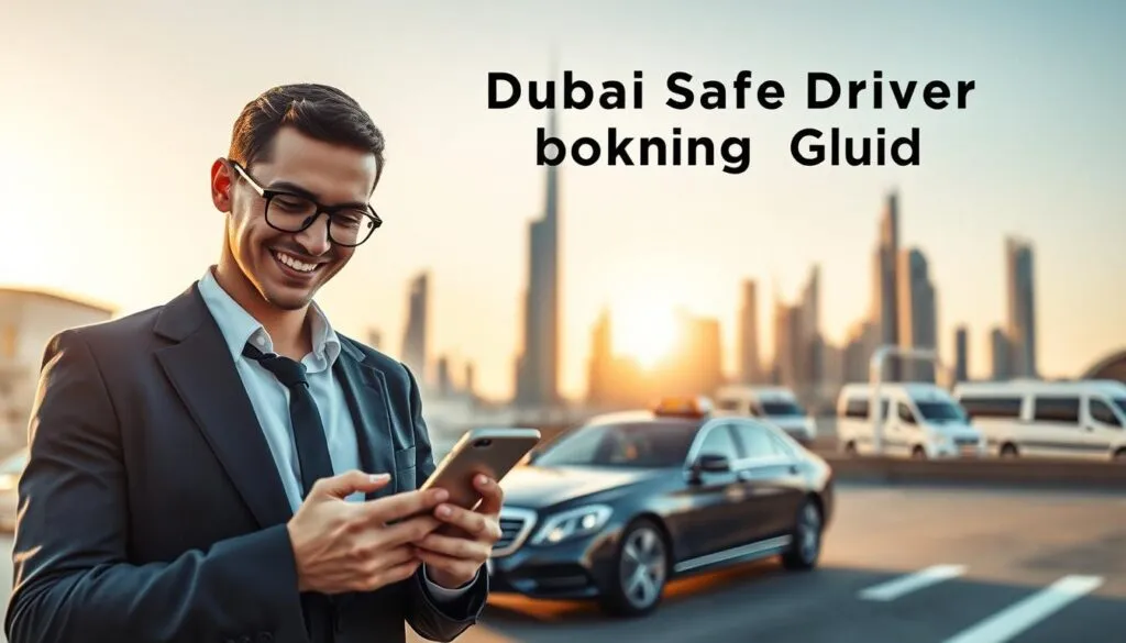 A modern, visually striking image representing a "Dubai Safe Driver Booking Guide." The foreground features a confident business professional in smart attire, using a smartphone to book a ride, with a warm smile that conveys trust and reliability. In the middle, the sleek silhouette of a luxury Dubai taxi can be seen waiting, showcasing the city's iconic skyline and modern architecture in the background, bathed in golden sunlight during the early evening, which adds a warm glow to the scene. The atmosphere should feel inviting and efficient, illustrating the ease and convenience of booking a safe driver in Dubai. Use a shallow depth of field to emphasize the foreground while softly blurring the background. The overall mood should be optimistic and professional, reflecting a commitment to safety and comfort in transportation. A modern, visually striking image representing a